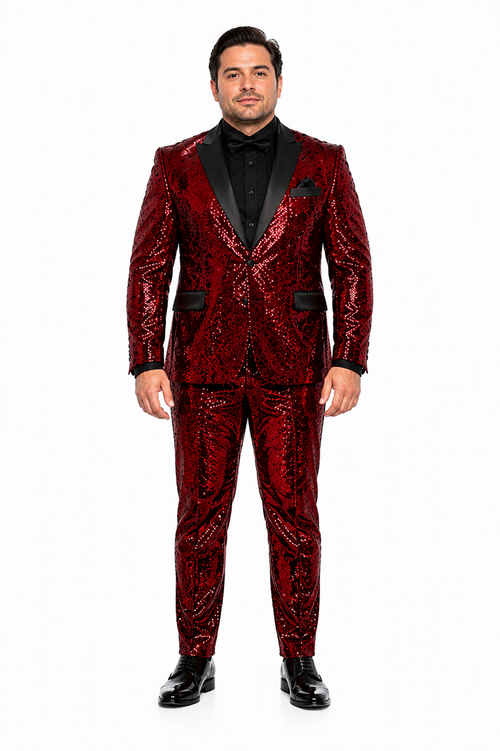 Mens Red Sequin Tuxedo Suit with Black Lapel Luxury Slim Fit Blazer and Pants Set Matching