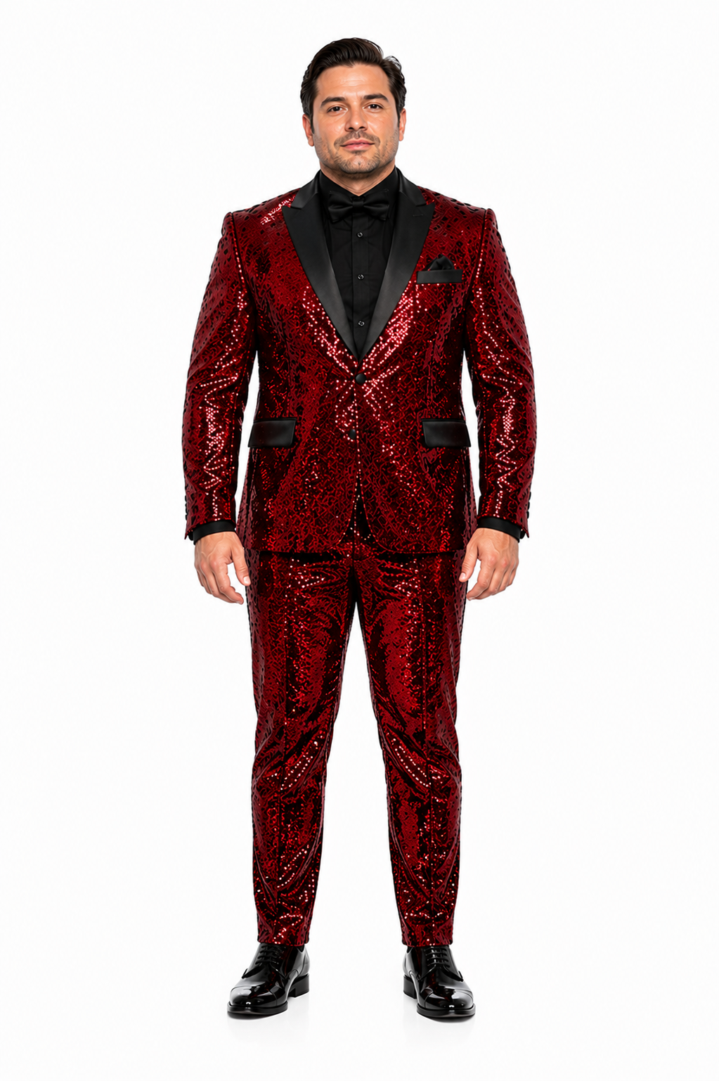 Mens Red Sequin Tuxedo Suit with Black Lapel Luxury Slim Fit Blazer and Pants Set Matching