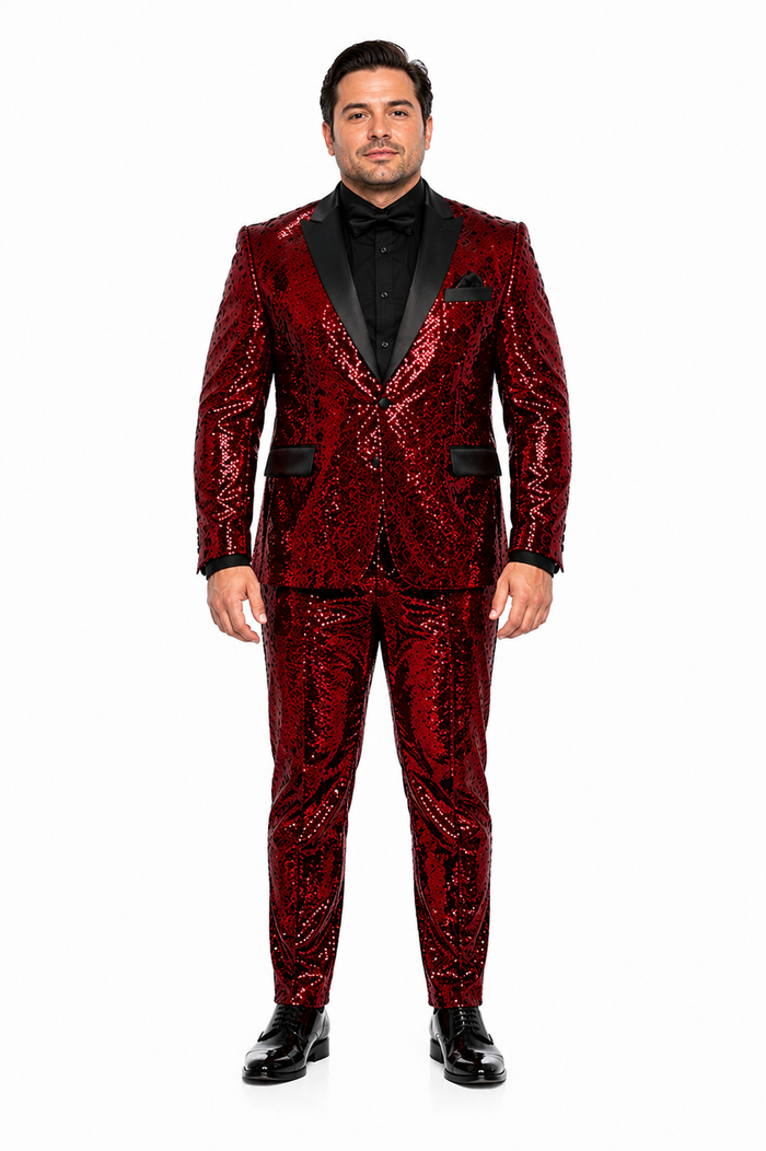 Mens Red Sequin Tuxedo Suit with Black Lapel Luxury Slim Fit Blazer and Pants Set Matching