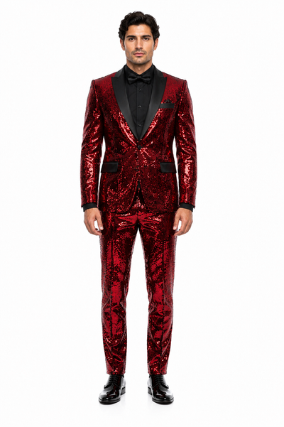 Mens Red Sequin Tuxedo Suit with Black Lapel Luxury Slim Fit Blazer and Pants Set Matching