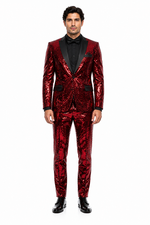 Mens Red Sequin Tuxedo Suit with Black Lapel Luxury Slim Fit Blazer and Pants Set Matching