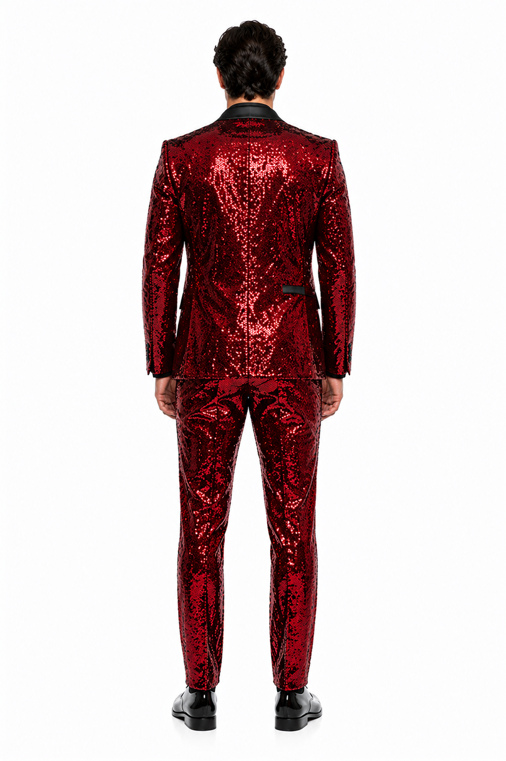 Mens Red Sequin Tuxedo Suit with Black Lapel Luxury Slim Fit Blazer and Pants Set Matching