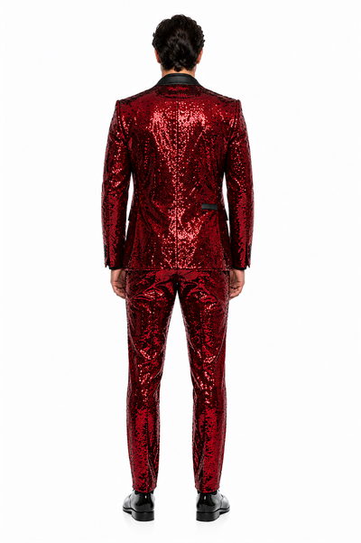 Mens Red Sequin Tuxedo Suit with Black Lapel Luxury Slim Fit Blazer and Pants Set Matching