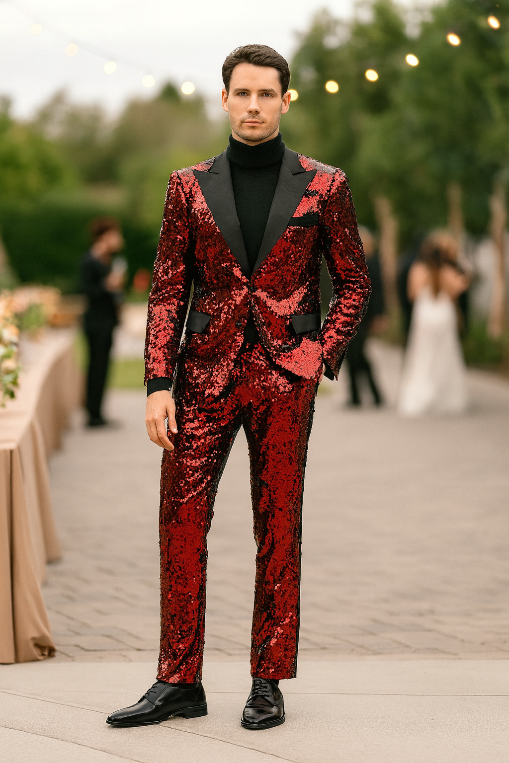 Men’s Red Sequin Tuxedo Suit with Black Lapel – Luxury Slim Fit Blazer and Pants Set Matching - S