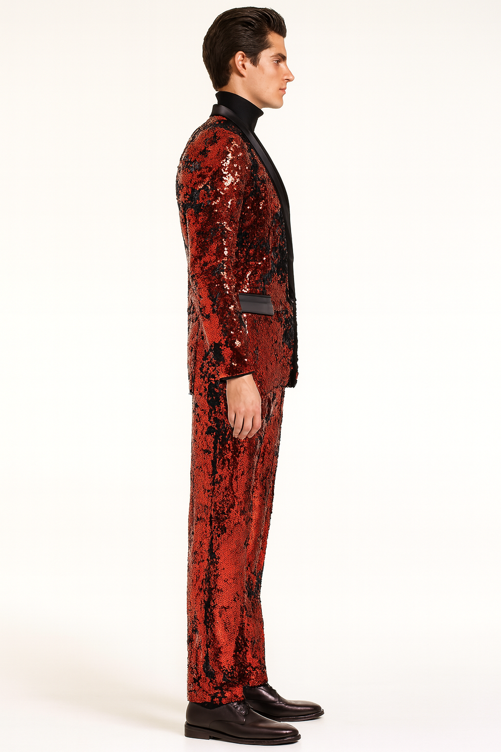 Men’s Red Sequin Tuxedo Suit with Black Lapel – Luxury Slim Fit Blazer and Pants Set Matching - S
