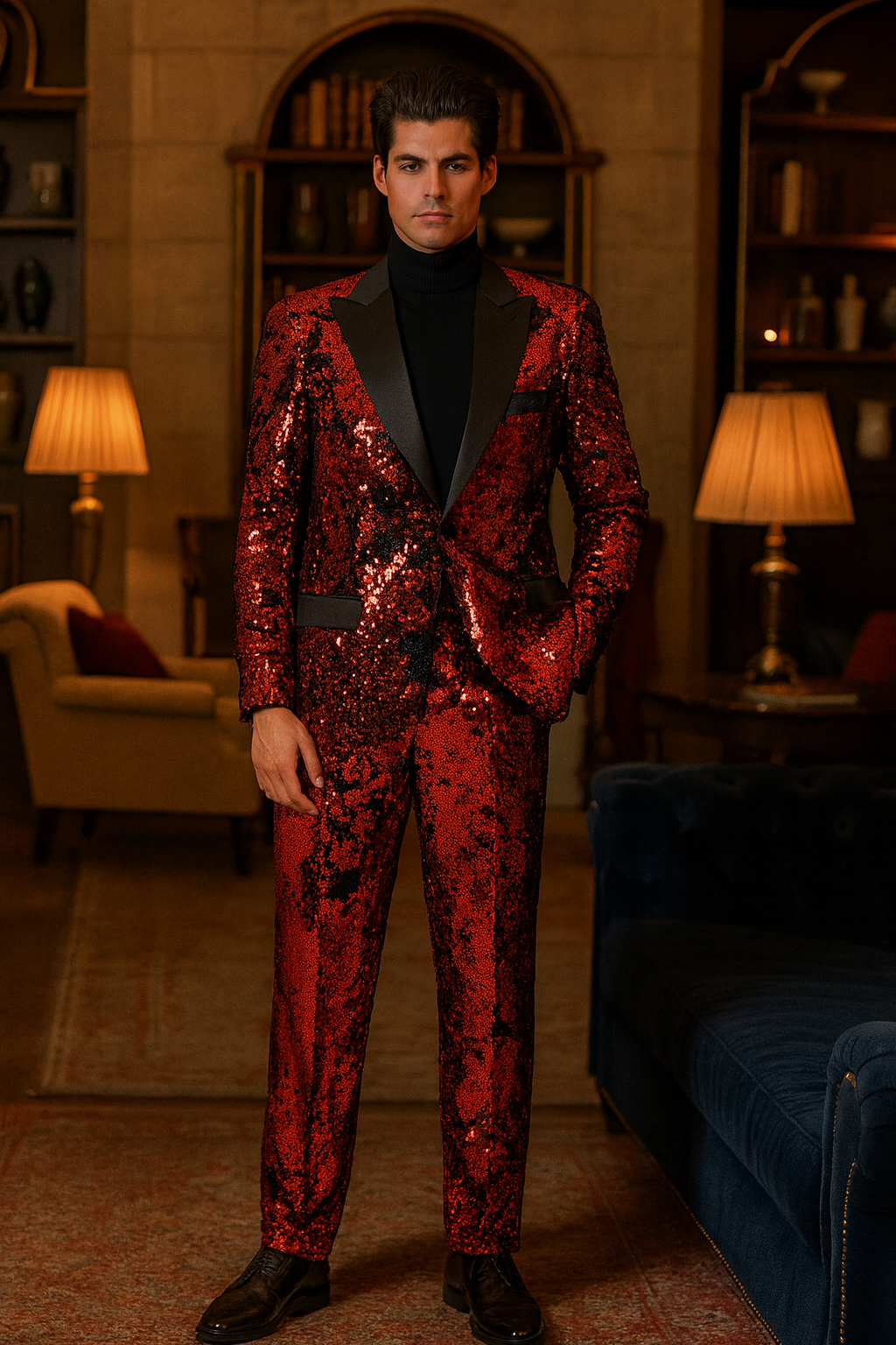 Men’s Red Sequin Tuxedo Suit with Black Lapel – Luxury Slim Fit Blazer and Pants Set Matching - S