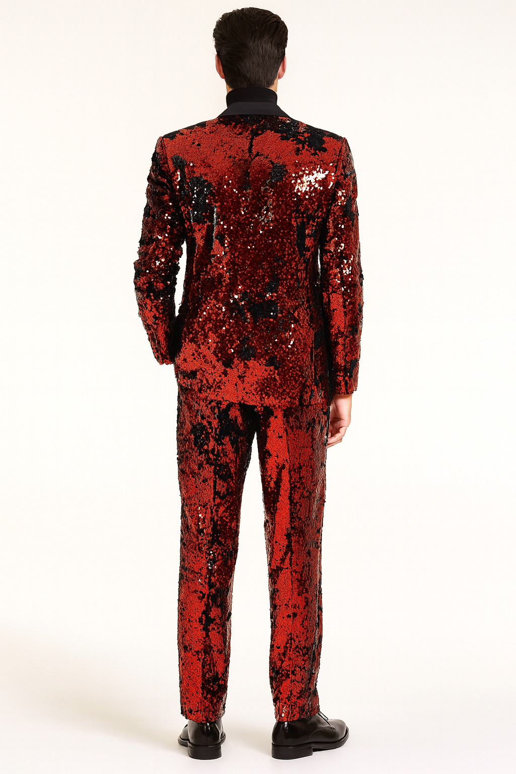 Men’s Red Sequin Tuxedo Suit with Black Lapel – Luxury Slim Fit Blazer and Pants Set Matching - S