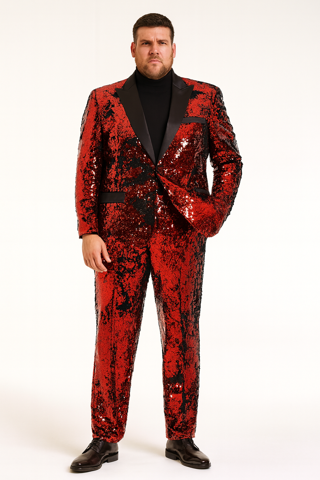 Men’s Red Sequin Tuxedo Suit with Black Lapel – Luxury Slim Fit Blazer and Pants Set Matching - S