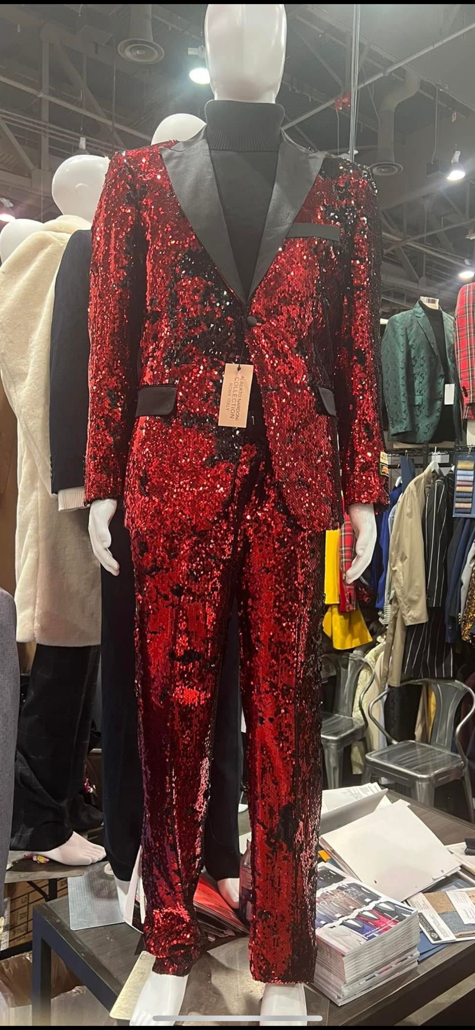 Men’s Red Sequin Tuxedo Suit with Black Lapel – Luxury Slim Fit Blazer and Pants Set Matching - S