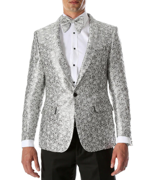 Men's Rene Abstract Silver Modern Fit Shawl Collar Tuxedo Blazer - Young Manâ€™s Prom 2026 Wear