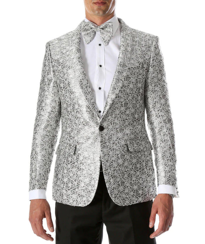 Men's Rene Abstract Silver Modern Fit Shawl Collar Tuxedo Blazer - Young Manâ€™s Prom 2026 Wear