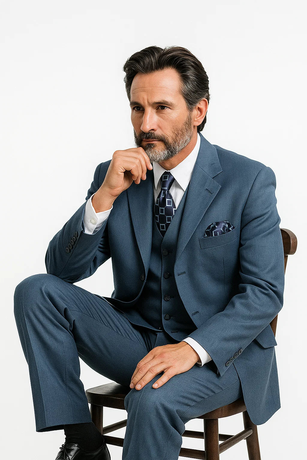 Men’s Saphire Steel Blue 3-Button  – Formal Business Attire Three Button Style Classic Fit Pleated Pants in Indigo Coablt Blue Color - 34 Short