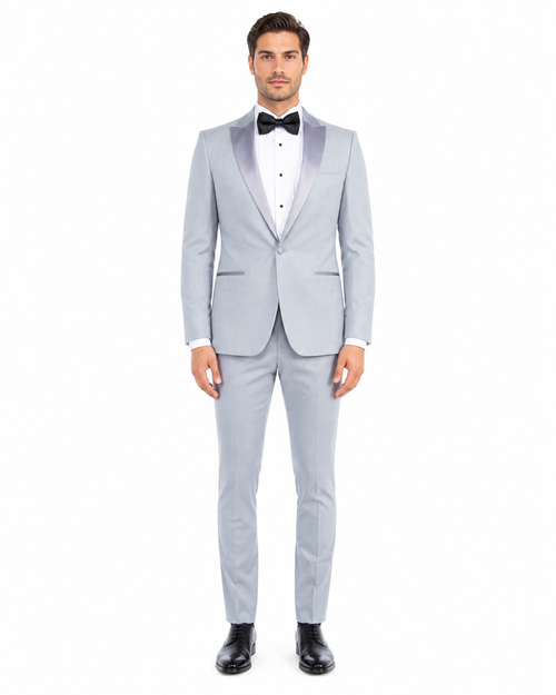 Men’s Silver Dinner Jacket – Satin Peak Lapel Tuxedo Blazer for Weddings, Prom & Formal Events in color silver grey