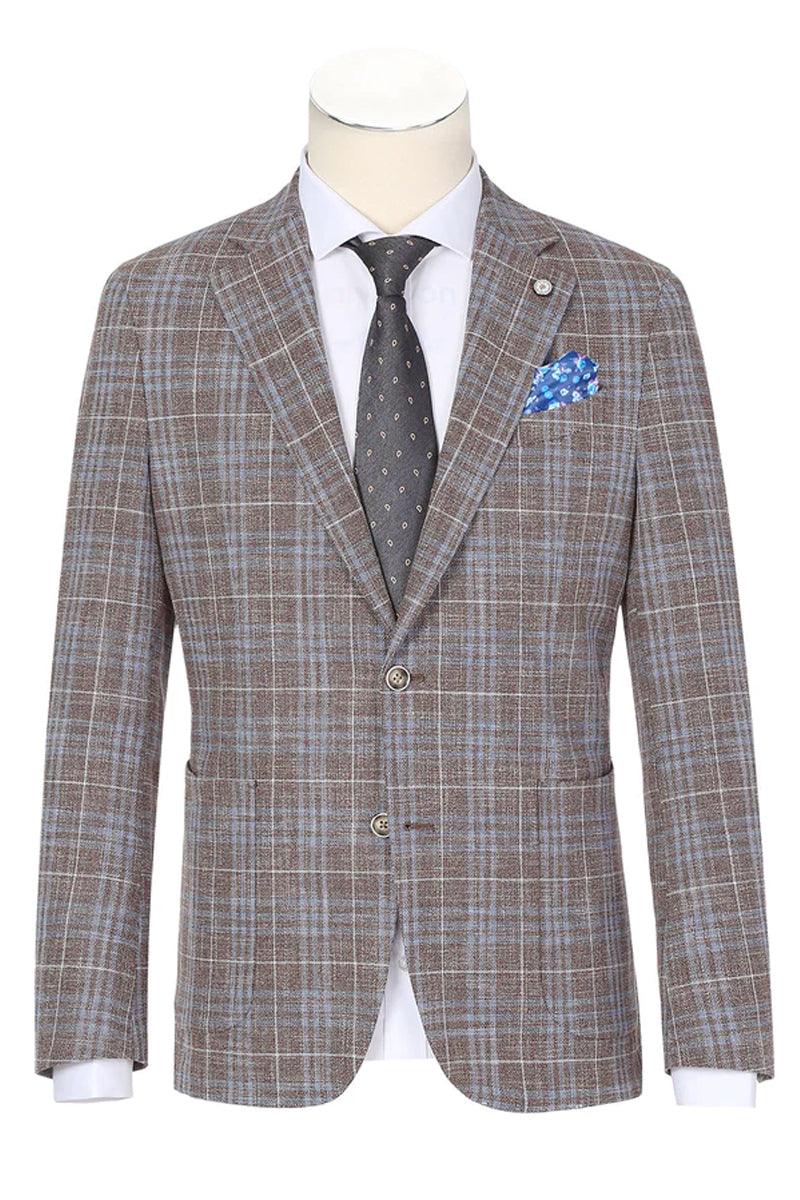 Men's Tan & Burgundy Plaid Cotton Blazer Slim Fit 2 Button Patch Pockets by Pelago - Burgundy
