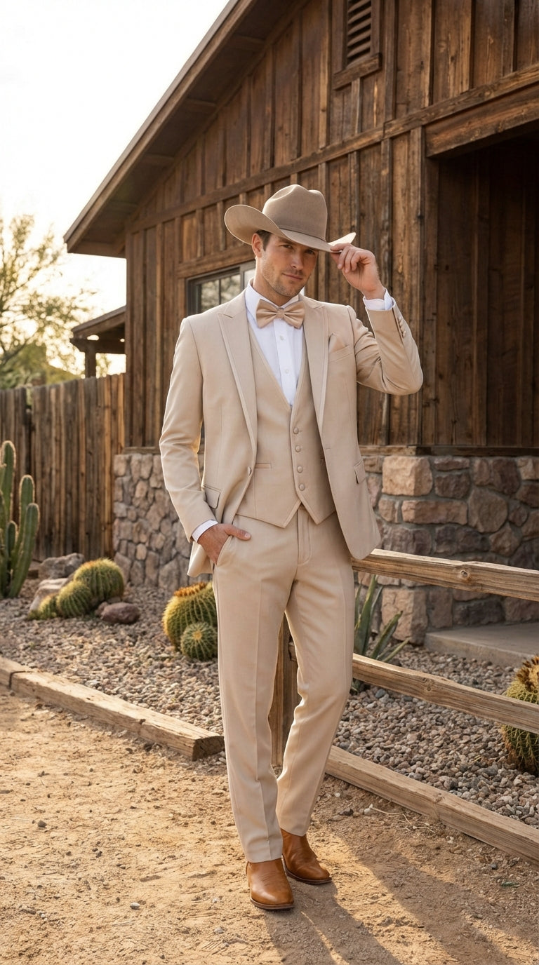 Mens Tan Cowboy Three Piece Suit Western Style Wedding and Formal Vested Suit - 38 Short Jacket+32 Waist Adjustable 28to34)(Height: 5 4 to5 7 )(Neck  15-16.5)S-M)