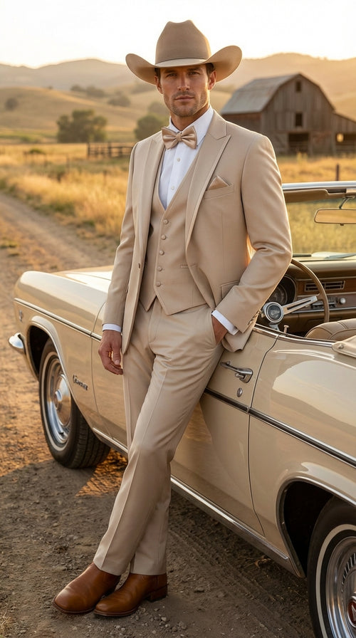Mens Tan Cowboy Three Piece Suit Western Style Wedding and Formal Vested Suit