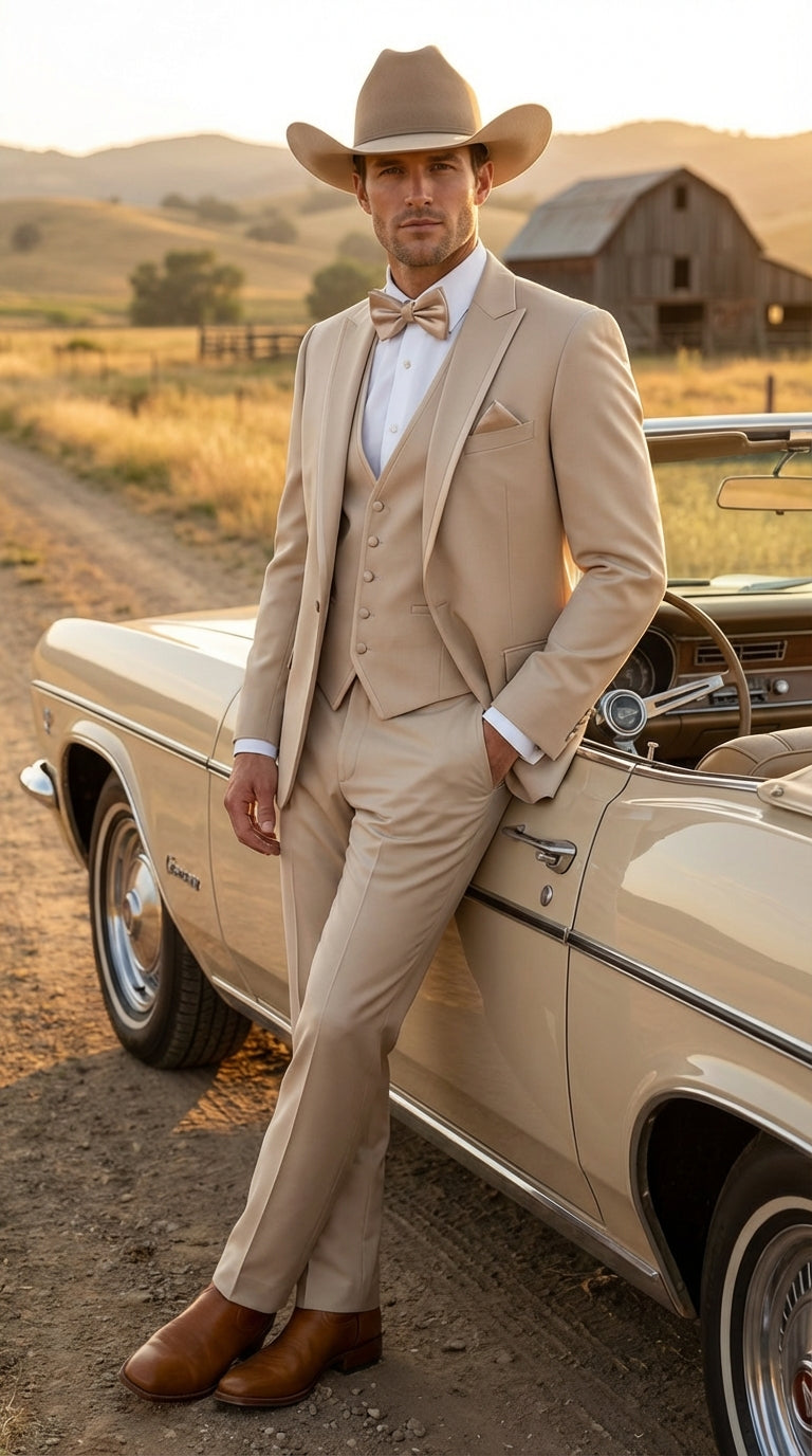 Mens Tan Cowboy Three Piece Suit Western Style Wedding and Formal Vested Suit - 38 Short Jacket+32 Waist Adjustable 28to34)(Height: 5 4 to5 7 )(Neck  15-16.5)S-M)