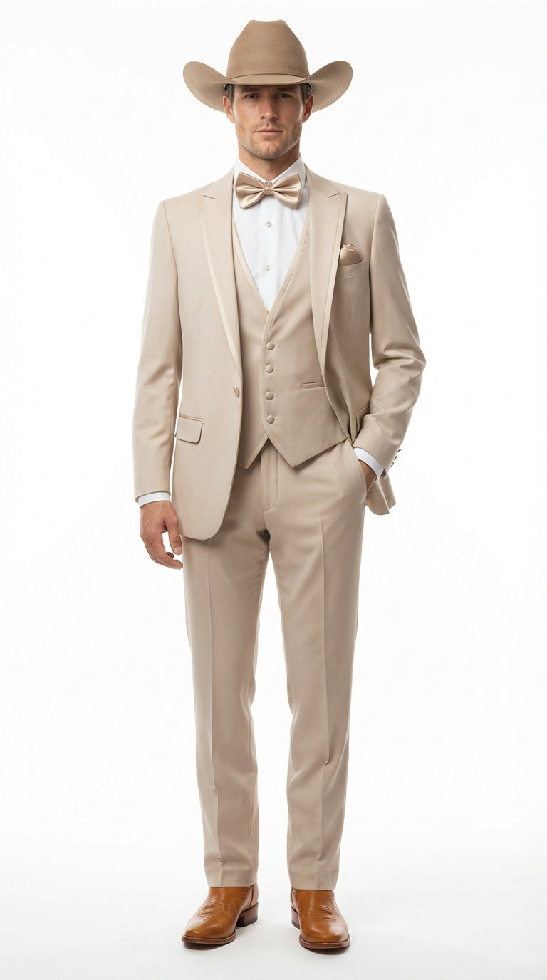 Mens Tan Cowboy Three Piece Suit Western Style Wedding and Formal Vested Suit