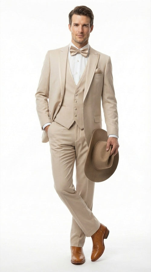 Mens Tan Cowboy Three Piece Suit Western Style Wedding and Formal Vested Suit