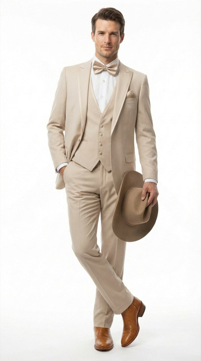 Mens Tan Cowboy Three Piece Suit Western Style Wedding and Formal Vested Suit - 38 Short Jacket+32 Waist Adjustable 28to34)(Height: 5 4 to5 7 )(Neck  15-16.5)S-M)