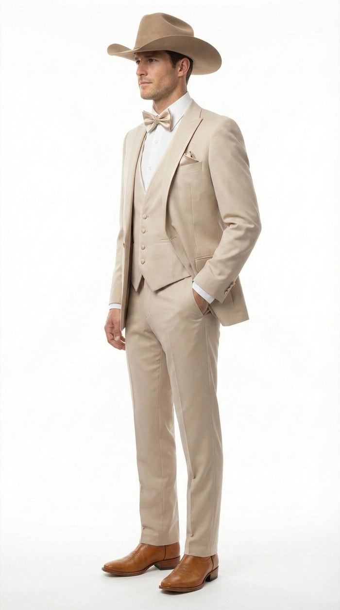 Mens Tan Cowboy Three Piece Suit Western Style Wedding and Formal Vested Suit