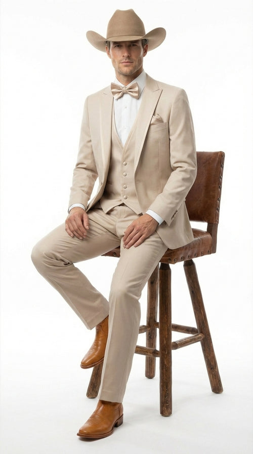 Mens Tan Cowboy Three Piece Suit Western Style Wedding and Formal Vested Suit