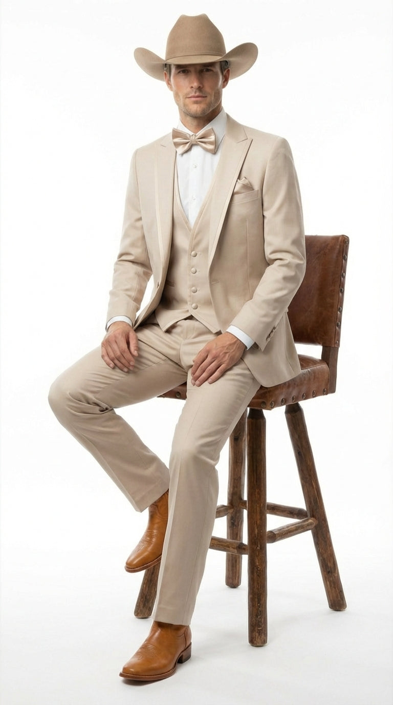 Mens Tan Cowboy Three Piece Suit Western Style Wedding and Formal Vested Suit