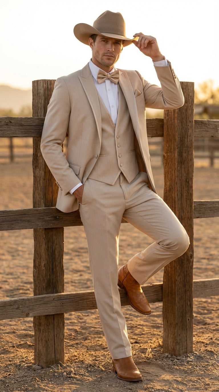 Mens Tan Cowboy Three Piece Suit Western Style Wedding and Formal Vested Suit - 38 Short Jacket+32 Waist Adjustable 28to34)(Height: 5 4 to5 7 )(Neck  15-16.5)S-M)
