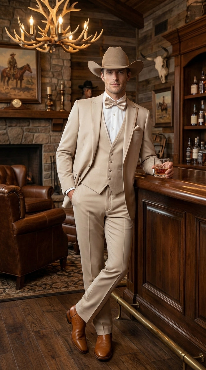 Mens Tan Cowboy Three Piece Suit Western Style Wedding and Formal Vested Suit