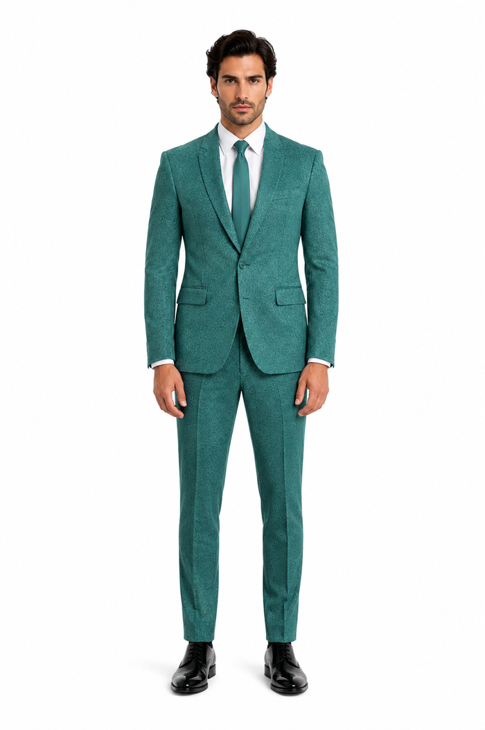 Mens Teal Green Floral Jacquard Blazer Slim Fit Tuxedo Jacket for Weddings, Proms, and Parties
