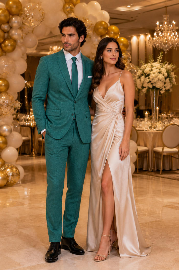 Mens Teal Green Floral Jacquard Blazer Slim Fit Tuxedo Jacket for Weddings, Proms, and Parties