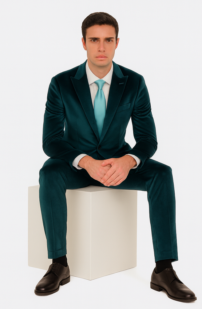 Mens Teal Velvet Suit |Tazzio 2-Piece Slim Fit Peak Lapel Formalwear