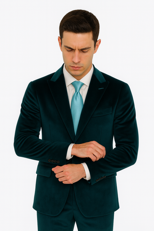 Mens Teal Velvet Suit |Tazzio 2-Piece Slim Fit Peak Lapel Formalwear
