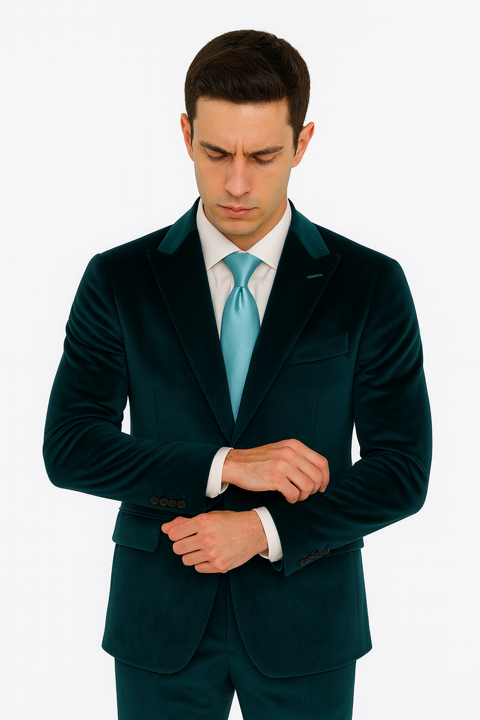 Mens Teal Velvet Suit |Tazzio 2-Piece Slim Fit Peak Lapel Formalwear