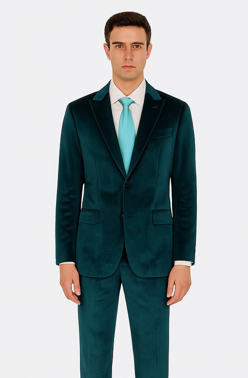 Mens Teal Velvet Suit |Tazzio 2-Piece Slim Fit Peak Lapel Formalwear