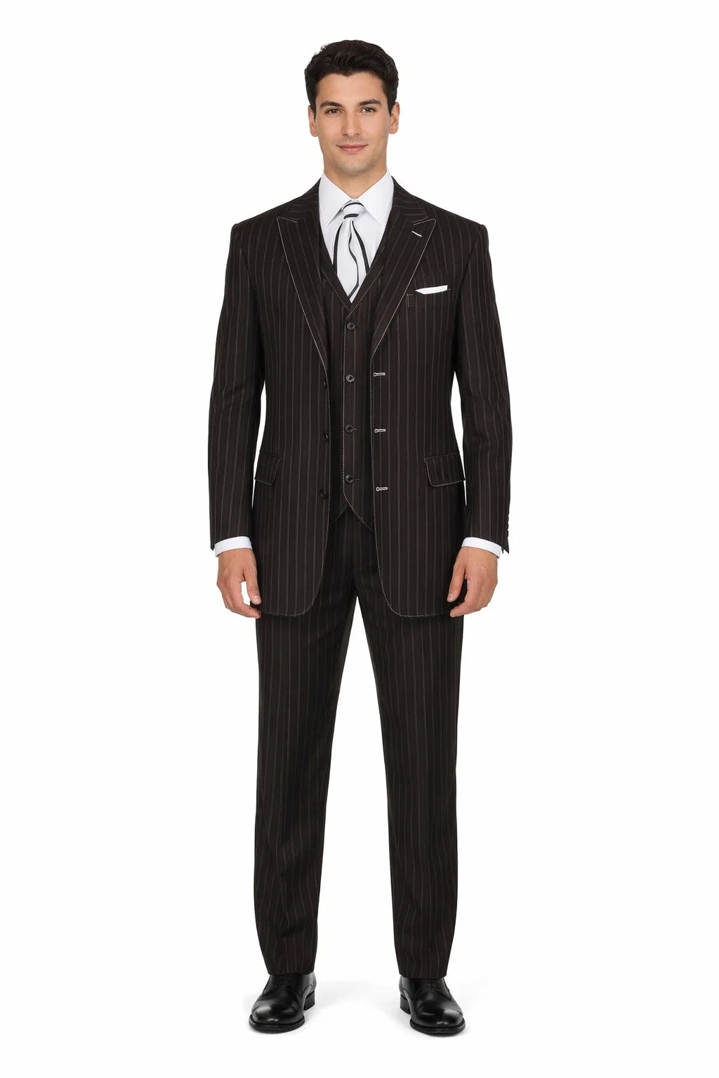 Men’s Vintage Vested Gangster Pinstripe Suit – Black & White 3-Piece Classic Fit - 38 Short Jacket+32 Waist Adjustable 28to34)(Height: 5 4 to5 7 )(Neck  15-16.5)S-M)