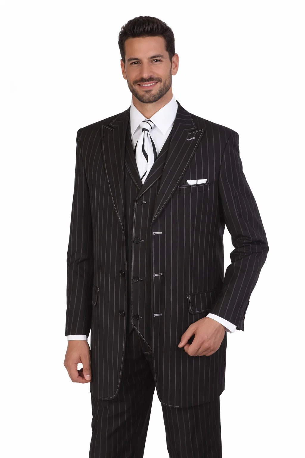 Men’s Vintage Vested Gangster Pinstripe Suit – Black & White 3-Piece Classic Fit - 38 Short Jacket+32 Waist Adjustable 28to34)(Height: 5 4 to5 7 )(Neck  15-16.5)S-M)