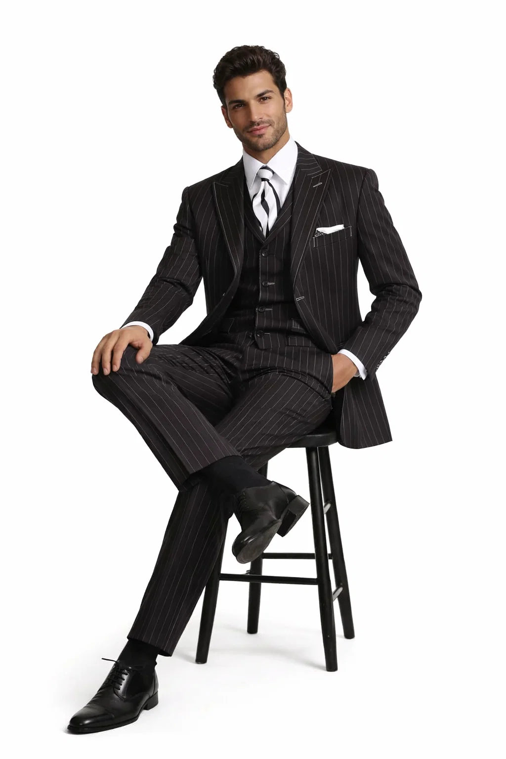 Men’s Vintage Vested Gangster Pinstripe Suit – Black & White 3-Piece Classic Fit - 38 Short Jacket+32 Waist Adjustable 28to34)(Height: 5 4 to5 7 )(Neck  15-16.5)S-M)