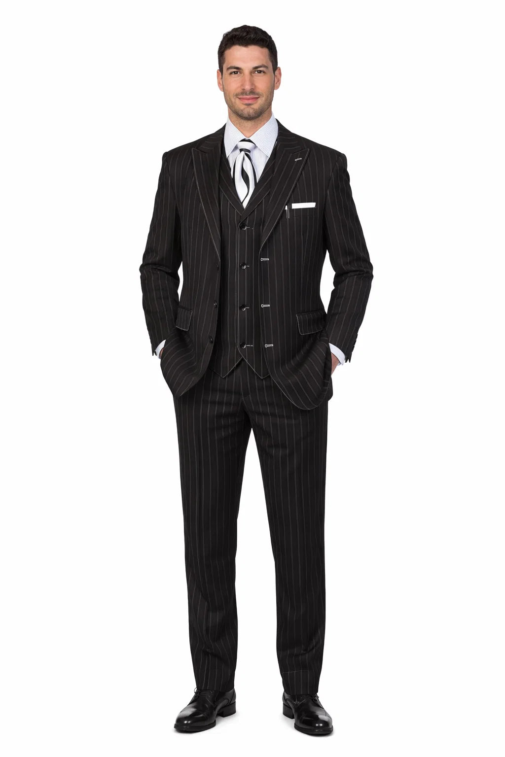 Men’s Vintage Vested Gangster Pinstripe Suit – Black & White 3-Piece Classic Fit - 38 Short Jacket+32 Waist Adjustable 28to34)(Height: 5 4 to5 7 )(Neck  15-16.5)S-M)