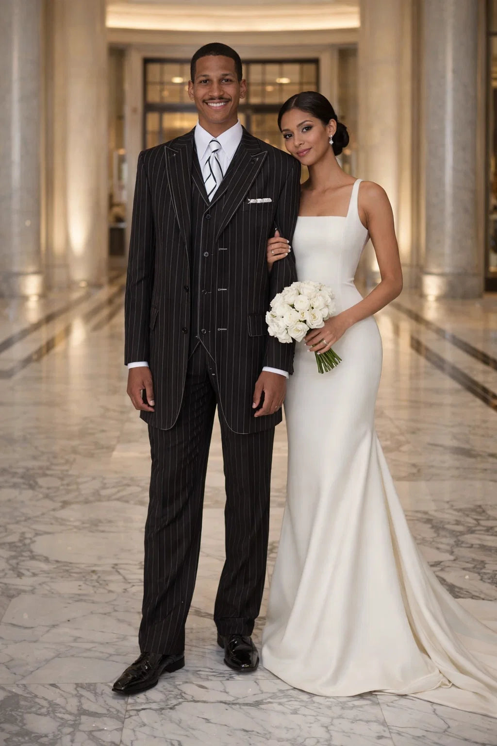 Men’s Vintage Vested Gangster Pinstripe Suit – Black & White 3-Piece Classic Fit - 38 Short Jacket+32 Waist Adjustable 28to34)(Height: 5 4 to5 7 )(Neck  15-16.5)S-M)