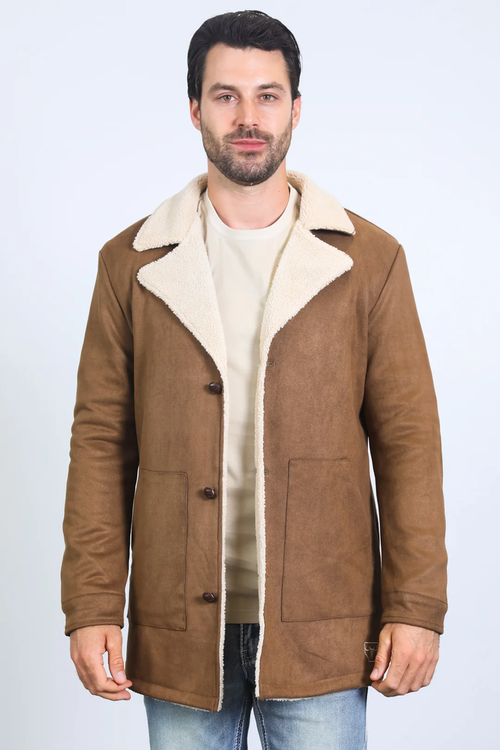 Mens Western Cowboy Long Coat – Brown Faux Suede Frontier Style Jacket