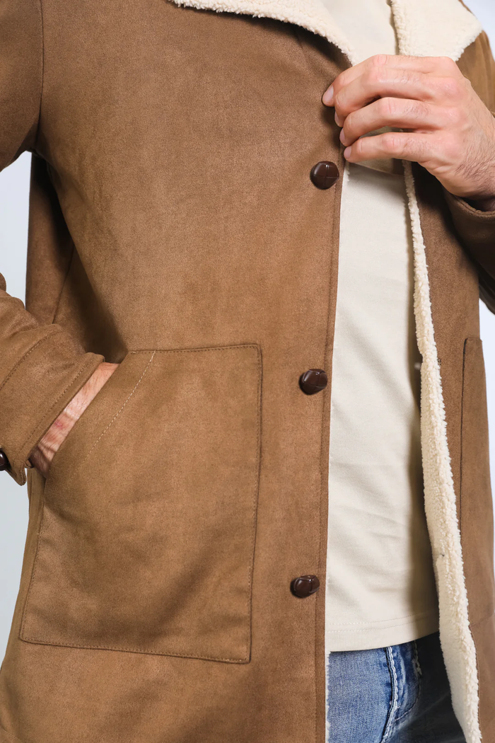 Mens Western Cowboy Long Coat – Brown Faux Suede Frontier Style Jacket