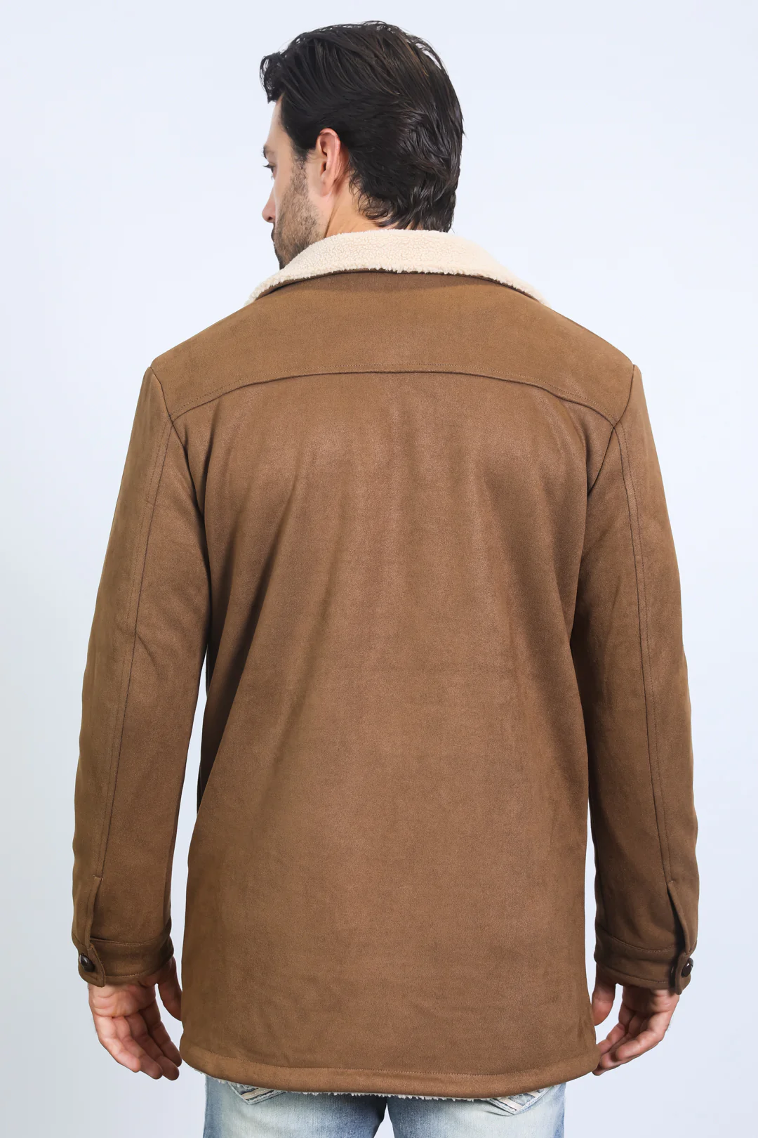 Mens Western Cowboy Long Coat – Brown Faux Suede Frontier Style Jacket - Small