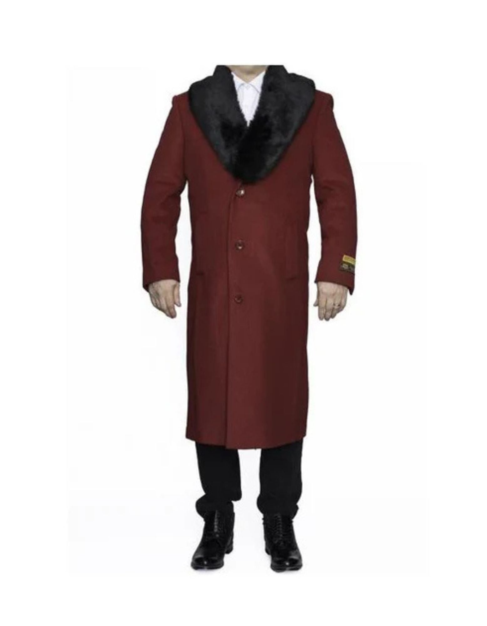 Men's Burgundy Overcoat 3 Button Full Length Wool Dress Top Coat - Coat Size 38