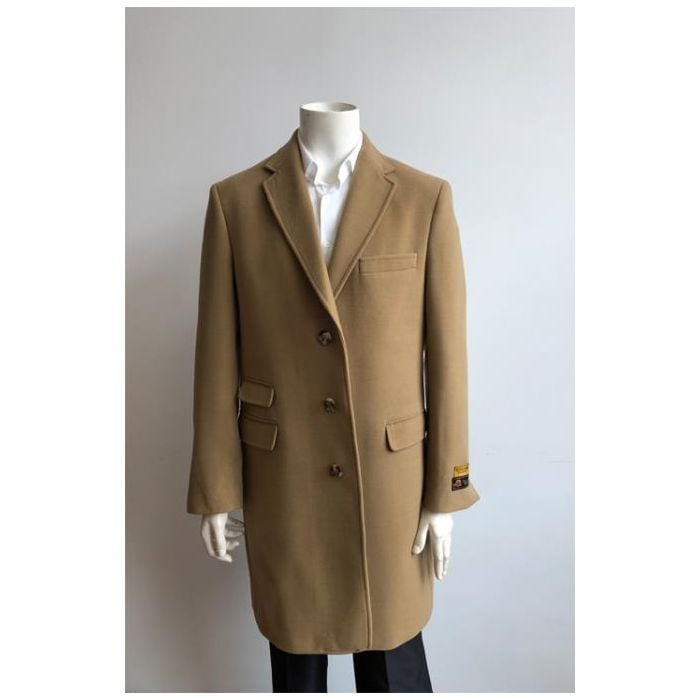 Mens Camel Full Length Wool Overcoat - Coat Size 38