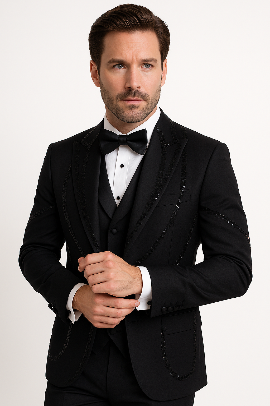 Black Italian Wool 3-Piece Modern Fit Tuxedo - 34 Short or Extra Small