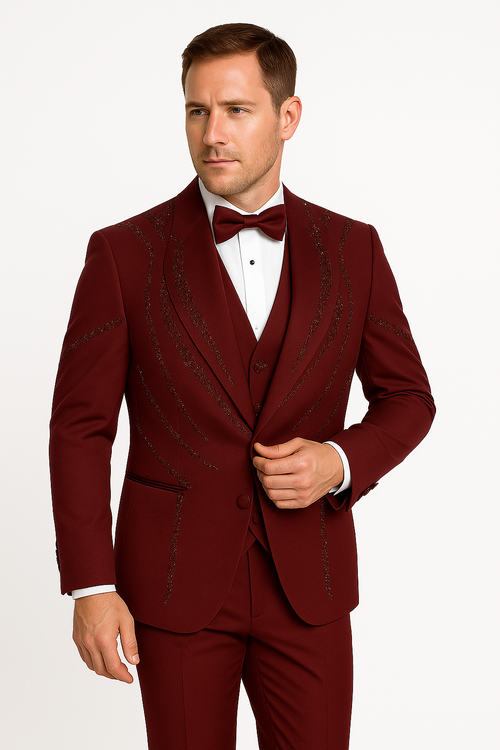 Mens Burgundy Italian Wool 3-Piece Modern Formal Tuxedo