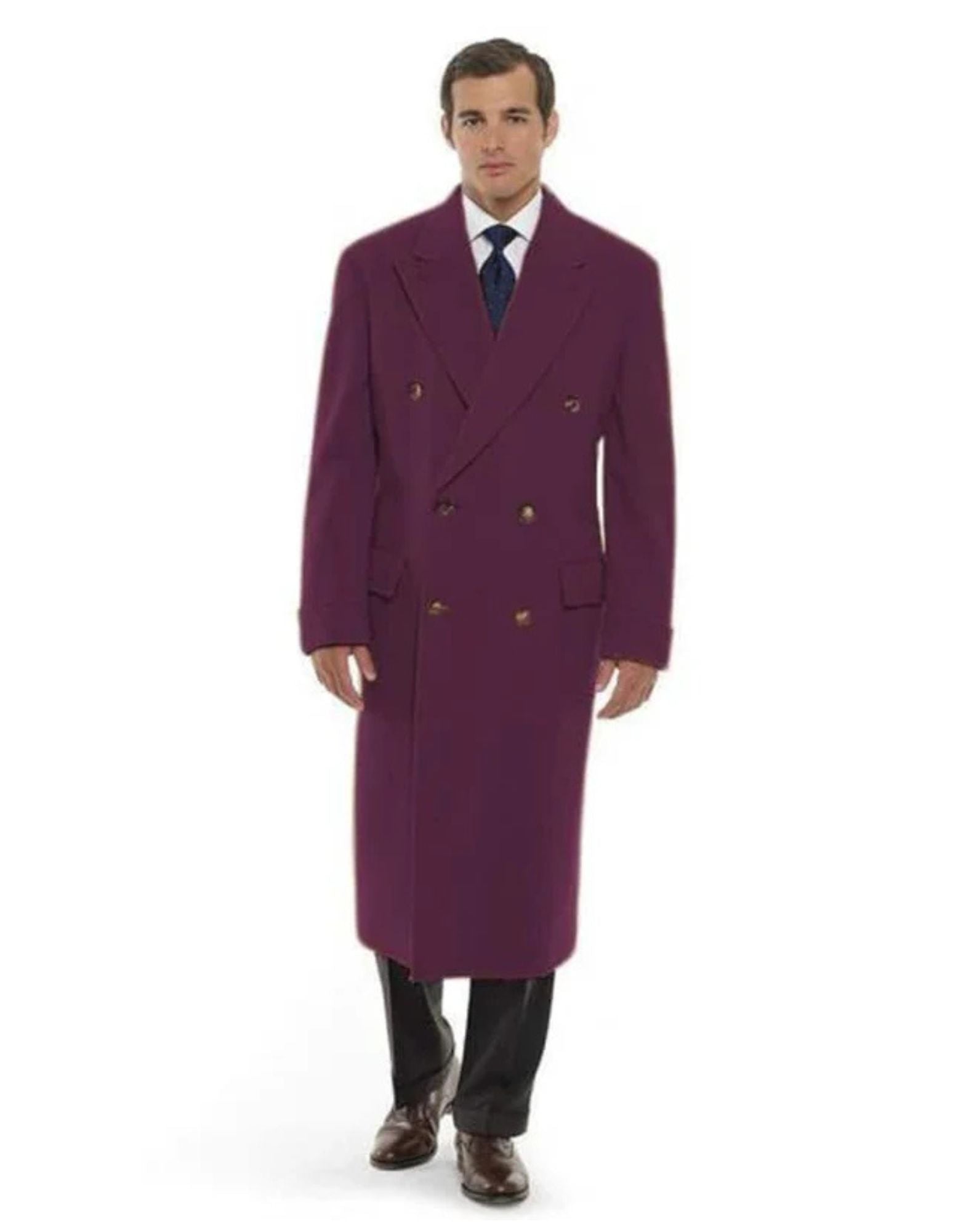 Men's Dress Coat 44 Inch Long Length Burgundy Double Breasted Wool Blend Overcoat - Coat Size 38