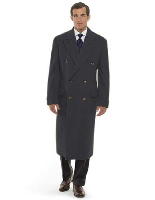 Men's Dress Coat 44 Inch Long Length Charcoal Double Breasted Wool Blend Overcoat