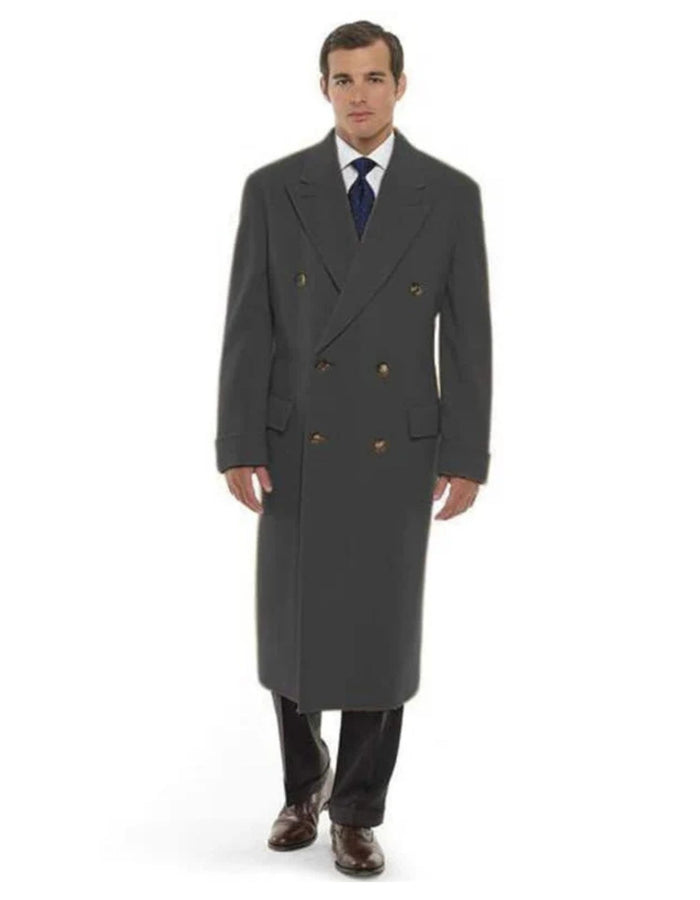 Men's Dress Coat 44 Inch Long Length Dark Grey Double Breasted Wool Blend Overcoat
